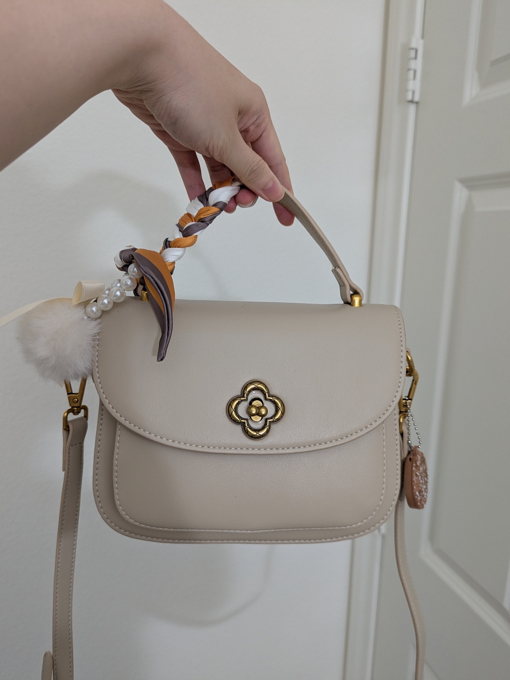 Beige Top Handle Crossbody Bag w/ Scarf Pearl Pom Charms Pre-owned Very Good